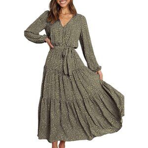 Fashion Long Sleeve Tiered Polka Dot Midi Dress Large Black NEW Boho Vacation